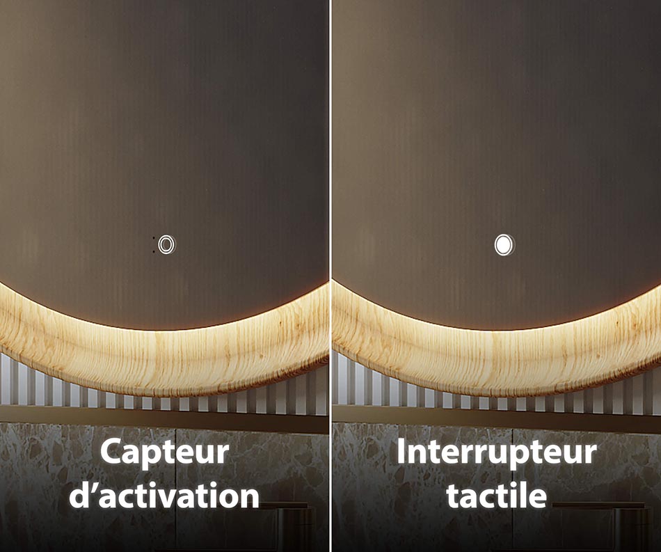 Sur demande, nos miroirs éclairants peuvent être équipés d'un des nombreux interrupteurs d'éclairage suivants