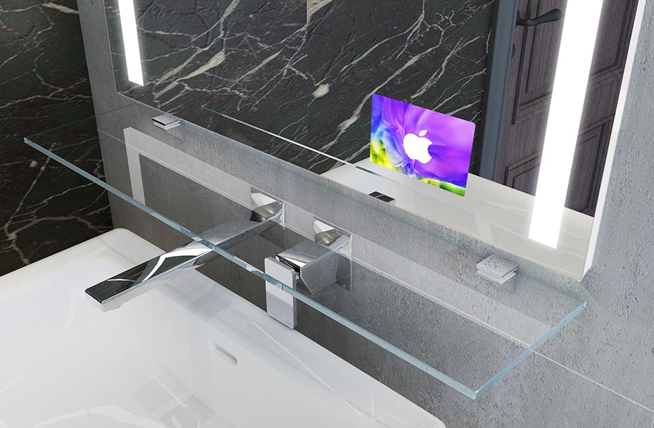 L'étagère en verre est un accessoire intemporel qui s'accorde parfaitement avec le miroir et permet aussi de ranger les accessoires de salle de bains