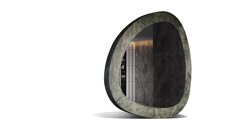 Miroir dans un cadre en laminé pierre. La force de la nature