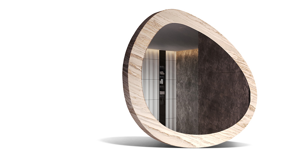 Miroir dans un cadre en laminé pierre. La force de la nature