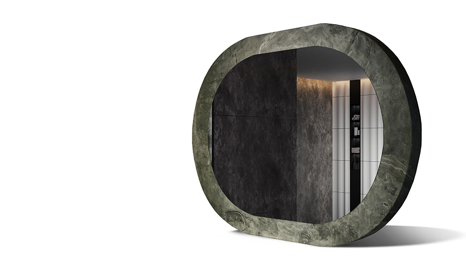 Miroir dans un cadre en laminé pierre. La force de la nature