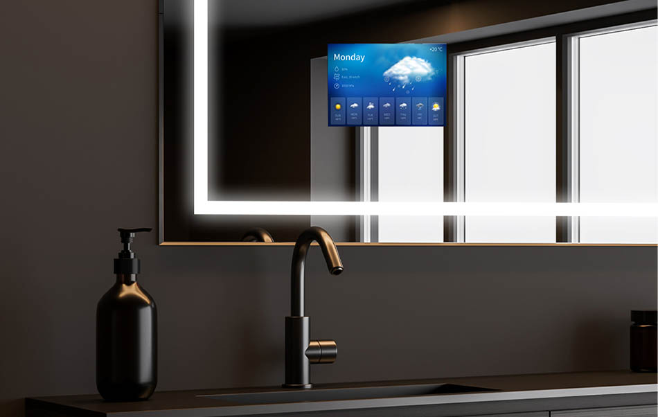 On peut installer l'application AccuWeather sur notre miroir de salle de bains, qui présente les prévisions météorologiques actuelles. C’est la meilleure source d'information, utilisée par 1,5 milliard de personnes chaque jour. Si vous venez de vérifier que la journée ne sera pas propice à de longues promenades... détendez-vous dans un bain chaud avec votre série télévisée préférée. De l’eau chaude, un éclairage LED doux et une série télévisée de haute qualité garantissent une journée réussie !