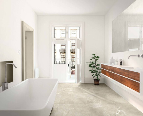 Carrelage en grès cérame pour sol, 60 x 120, gris clair avec des nuances chaudes de beige et des veines, finition mate, référence A4H140 Ermetica Bianco