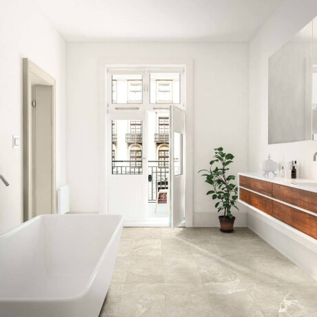 Carrelage en grès cérame pour sol, 60 x 120, gris clair avec des nuances chaudes de beige et des veines, finition mate, référence A4H140 Ermetica Bianco #1