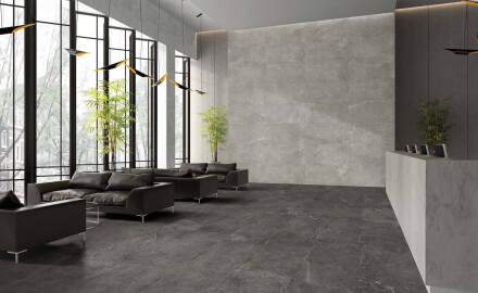 Carrelage en grès cérame pour sol, 60 x 120 cm, gris foncé avec des veines claires, finition mate, référence A4H141, Ermetica Lavagna