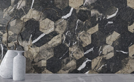 Carrelage en grès cérame grand format 120 x 280 cm, noir brillant avec des veines dorées, rectifié, A4H195 Pierre Black