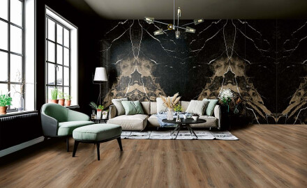 Carrelage en grès cérame grand format pour sol, 120 x 280 cm, Bookmatch noir brillant avec veines dorées, rectifié, A4H203 Pierre Black