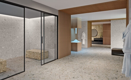 Carrelage en grès émaillé pour sol, 120 x 280 cm, beige, effet terrazzo, mat, rectifié, A4H406 Ceppo Di Gre Warm