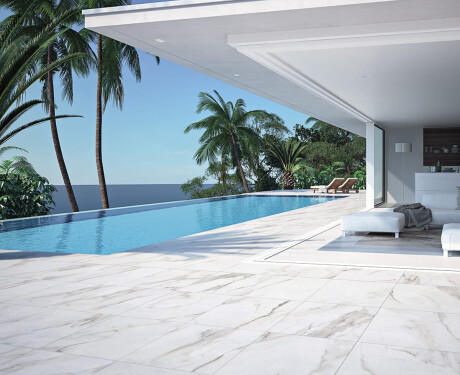 Carrelage en grès cérame grand format 120 x 280, marbre blanc veiné de gris, brillant A4H462 Calacatta