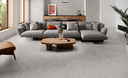 Carrelage en grès cérame pour sol 100 x 100, travertin coupé transversalement, mat, gris A4H497 Chrono Grey