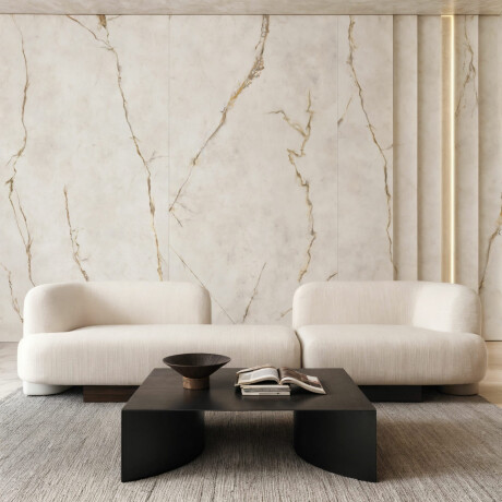 Carrelage en grès cérame grand format 120 x 280, effet marbre aux veines aux teintes chaudes, finition mate, référence A4H632 Dubai Gold #8