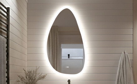 Miroir irrégulier avec éclairage, 64×104 cm, bicolore, interrupteur tactile, tapis chauffant