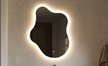 Miroir irrégulier avec éclairage, 74×94 cm, bicolore, interrupteur tactile, tapis chauffant