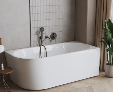 Baignoire Astri à poser contre un mur, 150 cm, à droite, livrée avec un siphon, un bouchon et un trop-plein esthétique