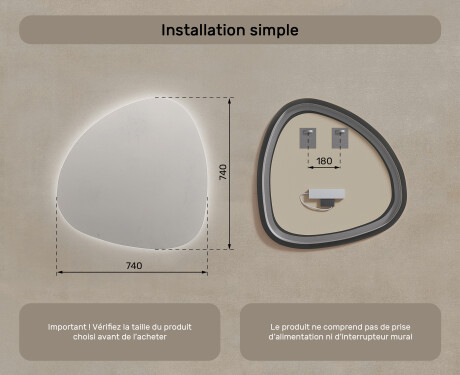 Miroir de salle de bains LED de forme irrégulière 74x74cm avec lumière LED froide 7000K, lumière chaude 3000K ou lumière neutre 4500K #7