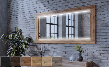 Miroir mural rectangulaire avec lumière LED et cadre en bois