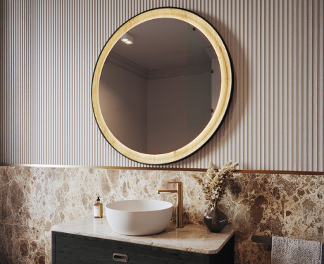 Miroir rond LED noir dans un cadre en bois