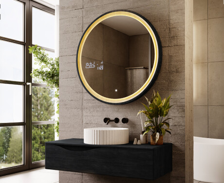 Miroir rond LED noir dans un cadre en bois #9