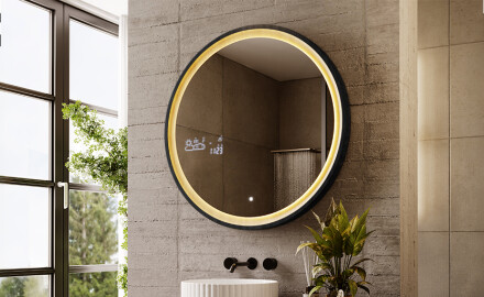 Miroir rond LED noir dans un cadre en bois