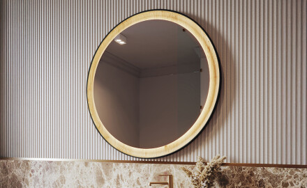 Miroir rond LED noir dans un cadre en bois