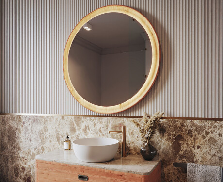 Miroir LED rond dans un cadre en chêne