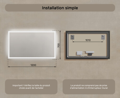 Miroir rectangulaire sur mesure – Illumination LED pour Salle de Bain 120x70cm avec lumière LED froide 7000K, lumière chaude 3000K ou lumière neutre 4500K #7