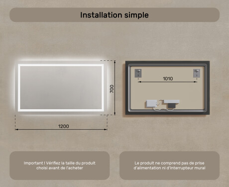 Miroir rectangulaire sur mesure – Illumination LED pour Salle de Bain 120x70cm avec lumière LED froide 7000K, lumière chaude 3000K ou lumière neutre 4500K #7