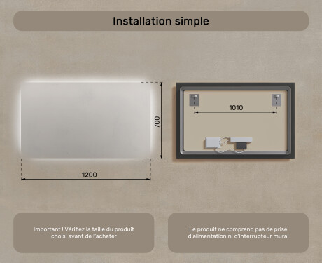 Miroir rectangulaire sur mesure – Illumination LED pour Salle de Bain 120x70cm avec lumière LED froide 7000K, lumière chaude 3000K ou lumière neutre 4500K #7