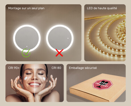Miroir rond lumineux LED pour salle de bain 80cm avec Dual color, Interrupteur tactile #5