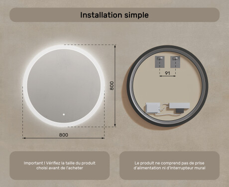Miroir rond lumineux LED pour salle de bain 80cm avec Dual color, Interrupteur tactile #7
