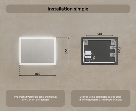 Miroir rectangulaire lumineux LED pour salle de bain 80x60cm avec Dual color, Interrupteur tactile #7