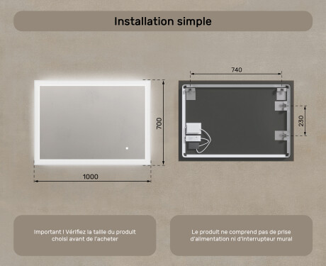Éclairage rectangulaire pour miroir de salle de bain 100x70cm avec Dual color, Interrupteur tactile #7