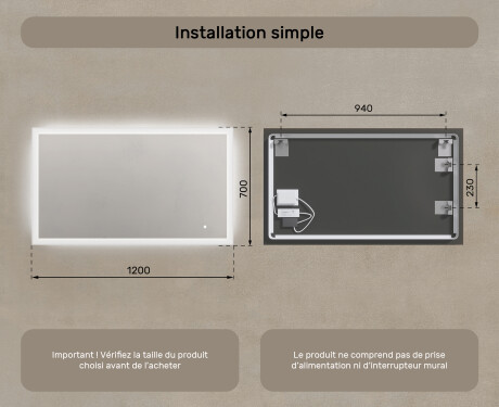 Miroir rectangulaire pour salle de bain avec lumière LED 120x70cm avec Dual color, Interrupteur tactile #7