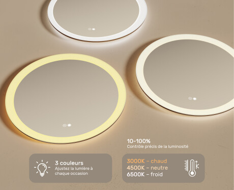 Miroir rond lumineux pour salle de bain avec lumière LED 60cm avec Dual color, Interrupteur tactile, Tapis chauffant #3