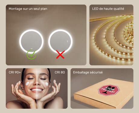 Miroir rond lumineux pour salle de bain avec lumière LED 60cm avec Dual color, Interrupteur tactile, Tapis chauffant #6