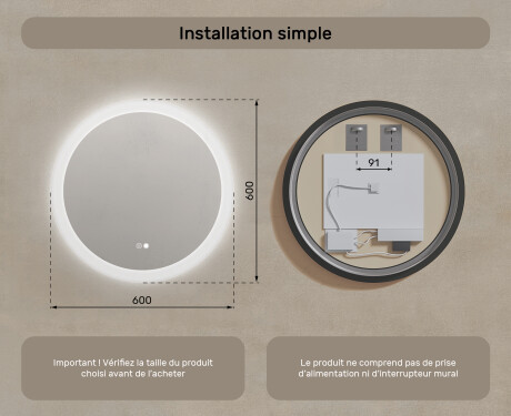 Miroir rond lumineux pour salle de bain avec lumière LED 60cm avec Dual color, Interrupteur tactile, Tapis chauffant #8