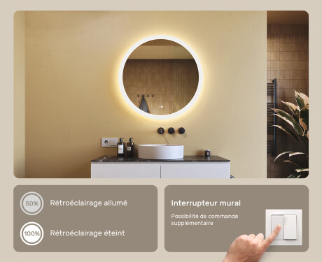 Miroir rond lumineux LED pour salle de bain 80cm avec Dual color, Interrupteur tactile, Tapis chauffant #4