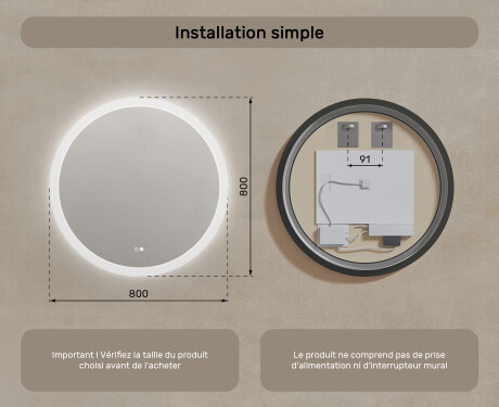 Miroir rond lumineux LED pour salle de bain 80cm avec Dual color, Interrupteur tactile, Tapis chauffant #8