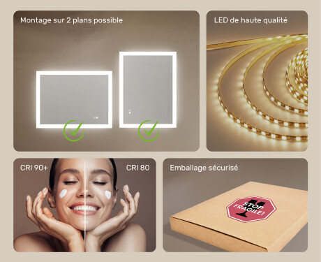 Miroir rectangulaire lumineux LED pour salle de bain 80x60cm avec Dual color, Interrupteur tactile, Tapis chauffant #6