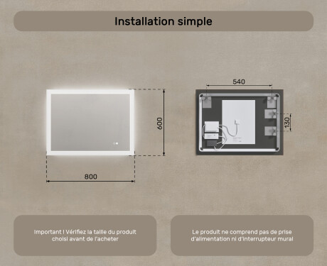 Miroir rectangulaire lumineux LED pour salle de bain 80x60cm avec Dual color, Interrupteur tactile, Tapis chauffant #8