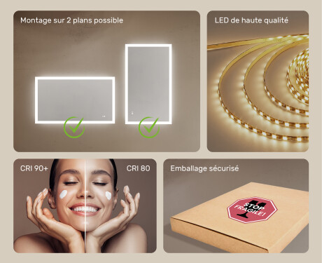 Miroir rectangulaire pour salle de bain avec lumière LED 120x70cm avec Dual color, Interrupteur tactile, Tapis chauffant #6