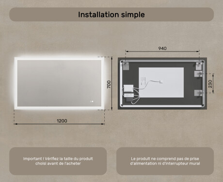 Miroir rectangulaire pour salle de bain avec lumière LED 120x70cm avec Dual color, Interrupteur tactile, Tapis chauffant #8