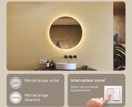 Miroir rond avec éclairage 60 cm, double couleur, interrupteur tactile, coussin chauffant #3
