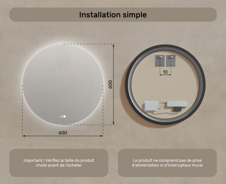 Miroir rond avec éclairage 60 cm, double couleur, interrupteur tactile, coussin chauffant #7