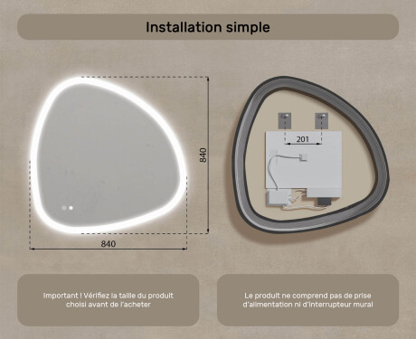 Miroir irrégulier avec éclairage, 84×84 cm, bicolore, interrupteur tactile, tapis chauffant #8