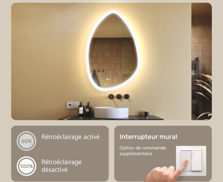 Miroir irrégulier avec éclairage, 64×94 cm, bicolore, interrupteur tactile, tapis chauffant #4