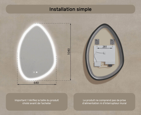 Miroir irrégulier avec éclairage, 64×94 cm, bicolore, interrupteur tactile, tapis chauffant #8