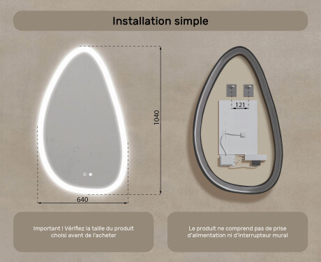 Miroir irrégulier avec éclairage, 64×104 cm, bicolore, interrupteur tactile, tapis chauffant #8
