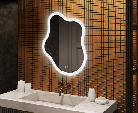 Miroir irrégulier avec éclairage, 74×94 cm, bicolore, interrupteur tactile, tapis chauffant