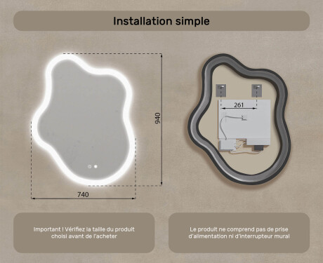 Miroir irrégulier avec éclairage, 74×94 cm, bicolore, interrupteur tactile, tapis chauffant #8
